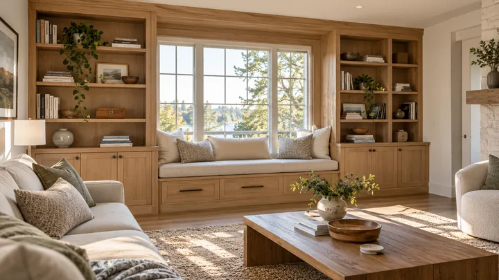 Wood built-in shelves and cabinets framing a cushioned window seat