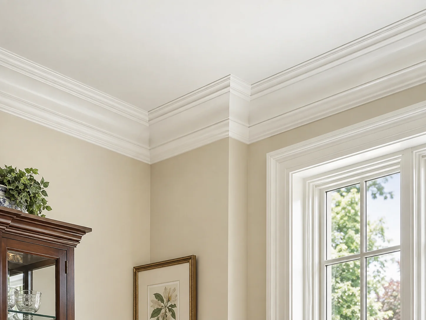 White layered crown moulding around a cream-coloured room and window