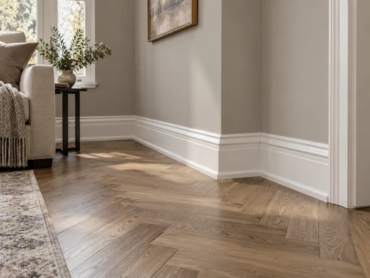 White profiled baseboard and matching door casing above wood plank flooring