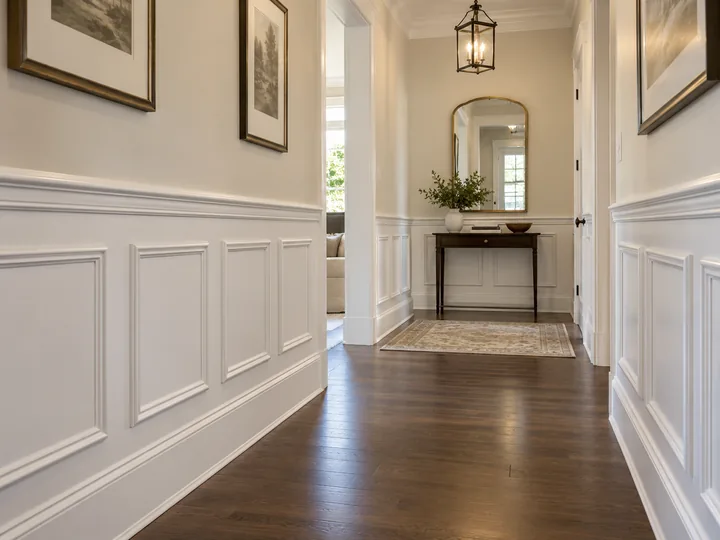 White picture-frame wainscoting along a narrow hallway