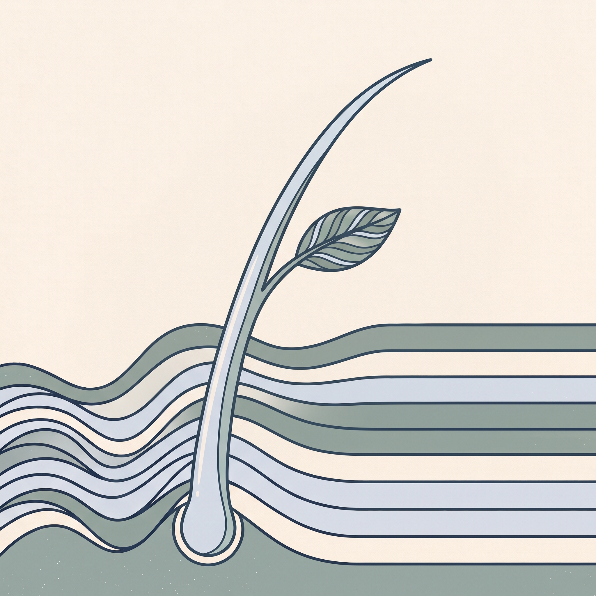 Illustration: one long curving strand rising from a rounded root, a small leaf sprouting from it