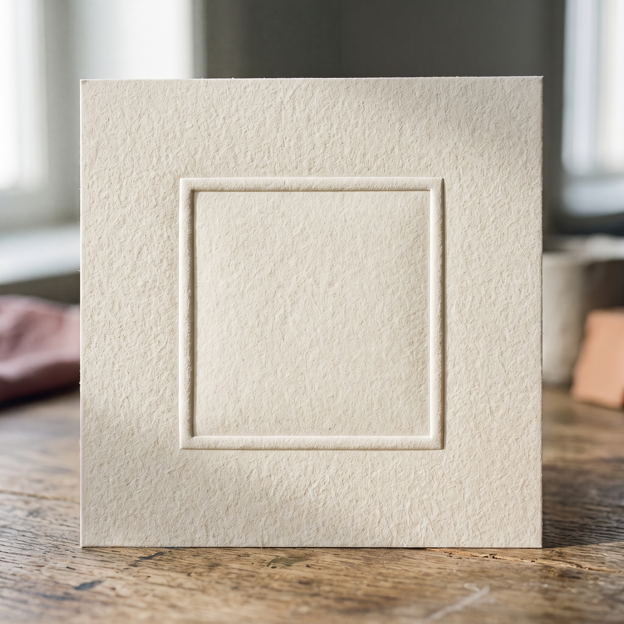 A cream textured card standing on a wooden table, with a blank embossed frame where a name would be