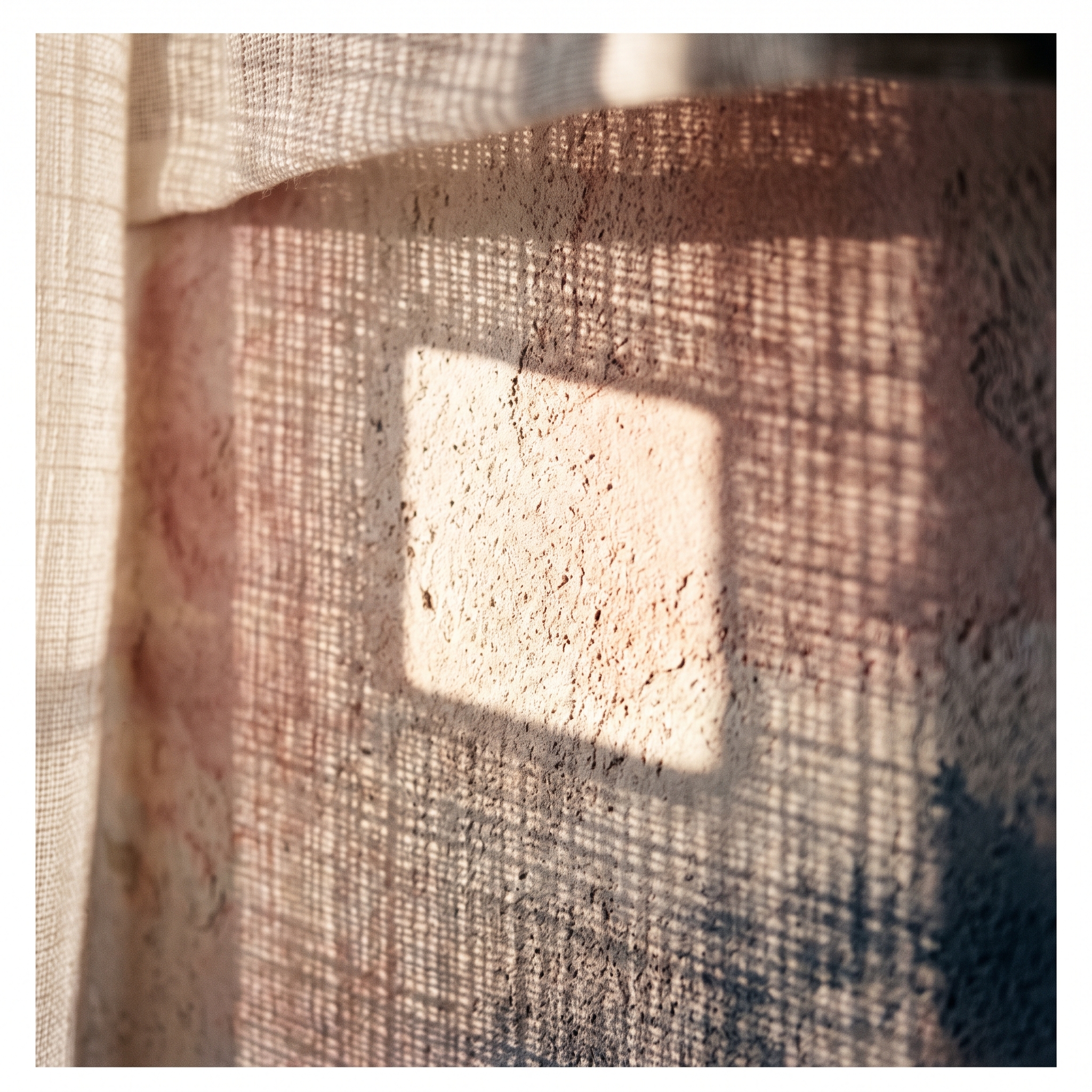 Sunlight falling through a gap in a sheer linen curtain, casting a bright rectangle on a textured wall