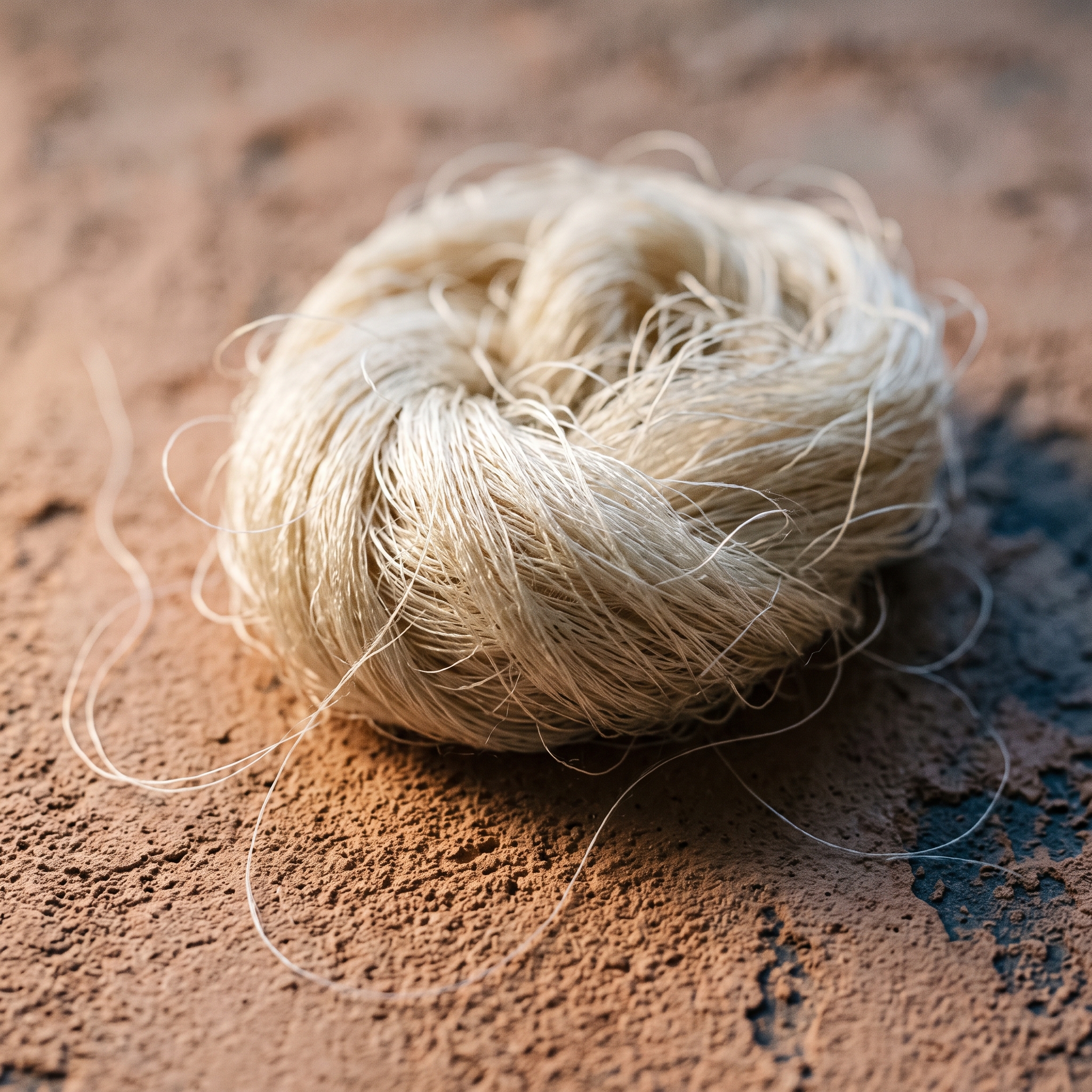 A coiled skein of fine pale fibres with loose strands escaping, resting on warm terracotta