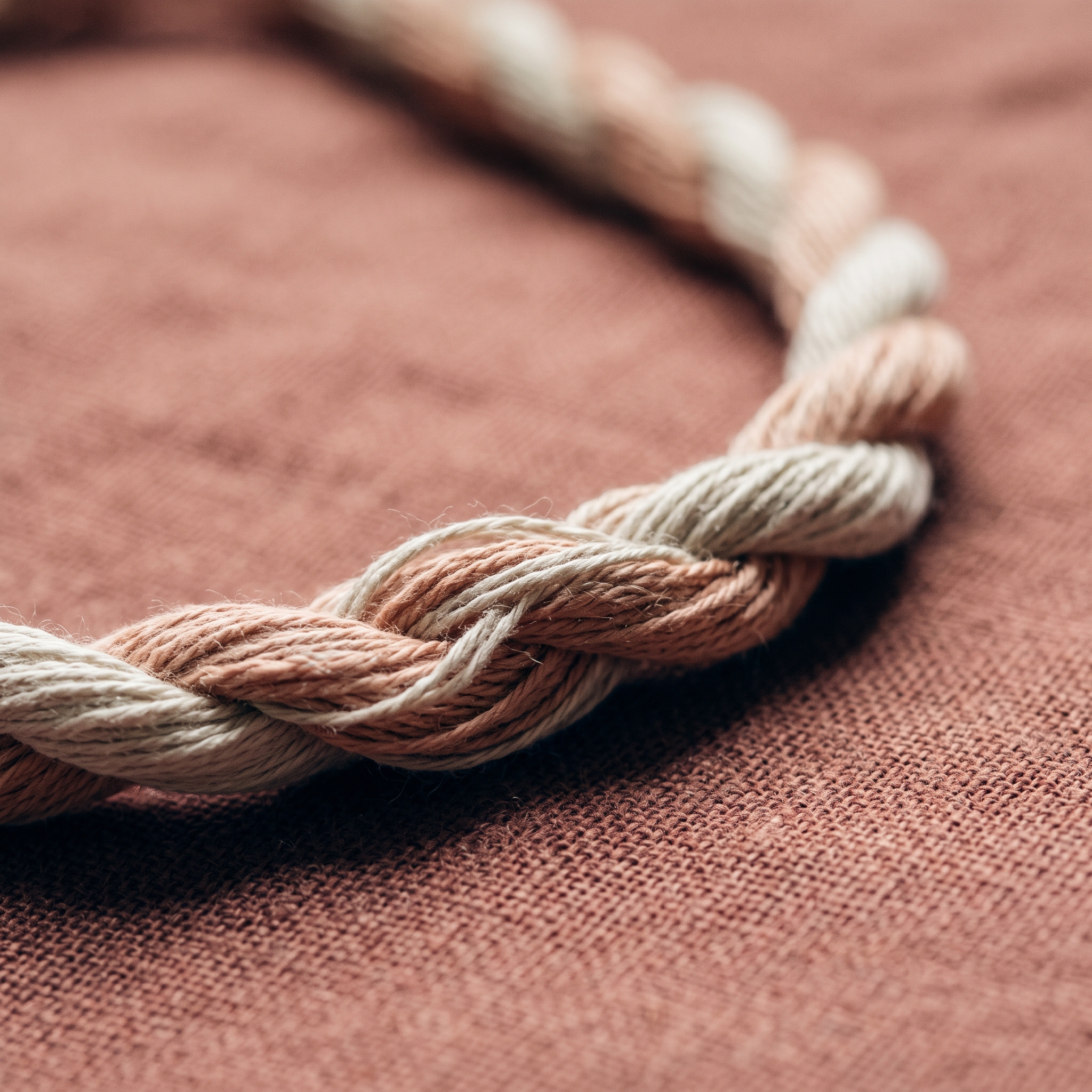 Two strands of cream and terracotta yarn twisted together into a single cord, resting on rose linen