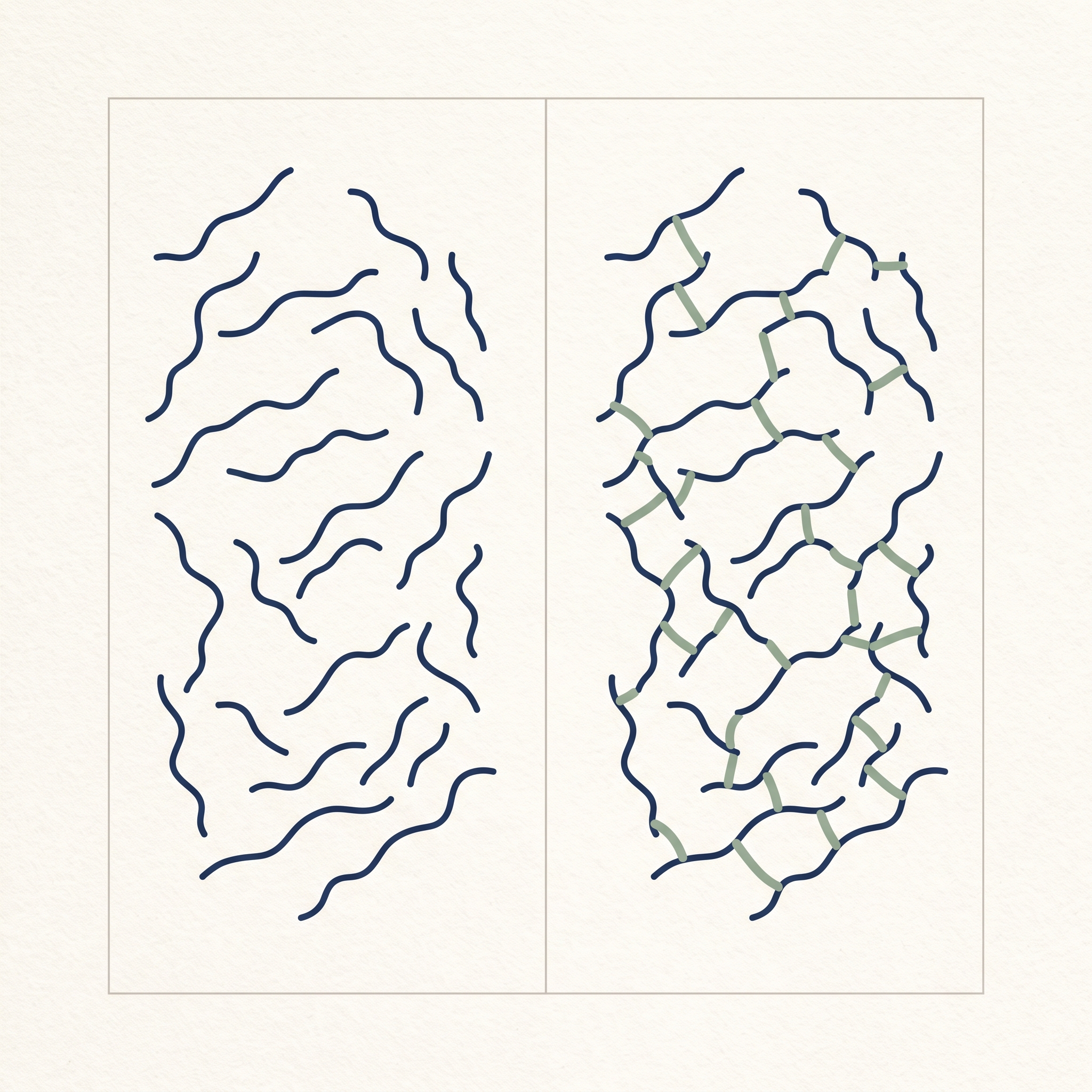 Diagram: hyaluronic acid strands loose, and cross-linked into a net
