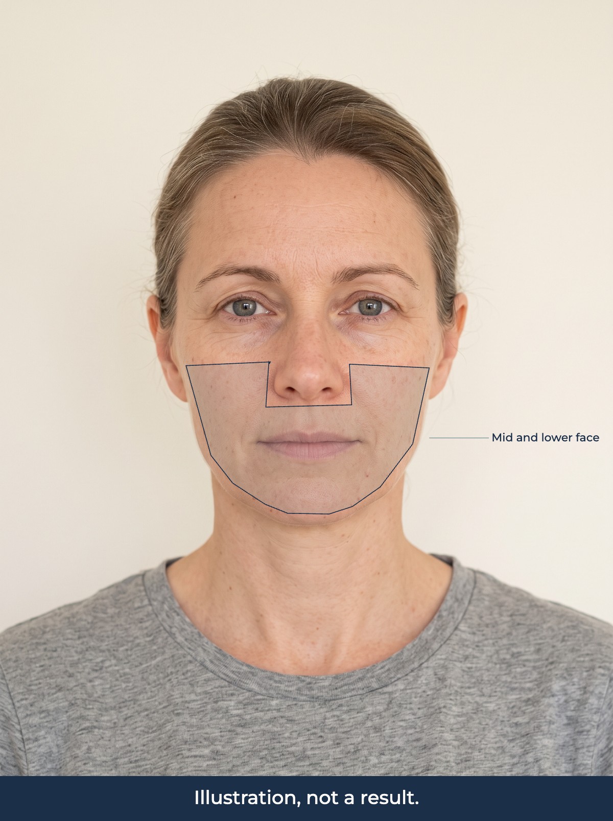 Illustration of the mid and lower face marked on a face. Illustration, not a result.