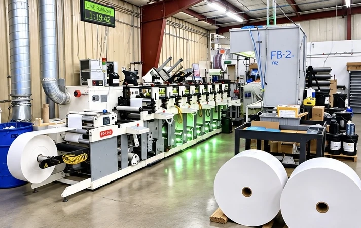 Label press line with paper rolls