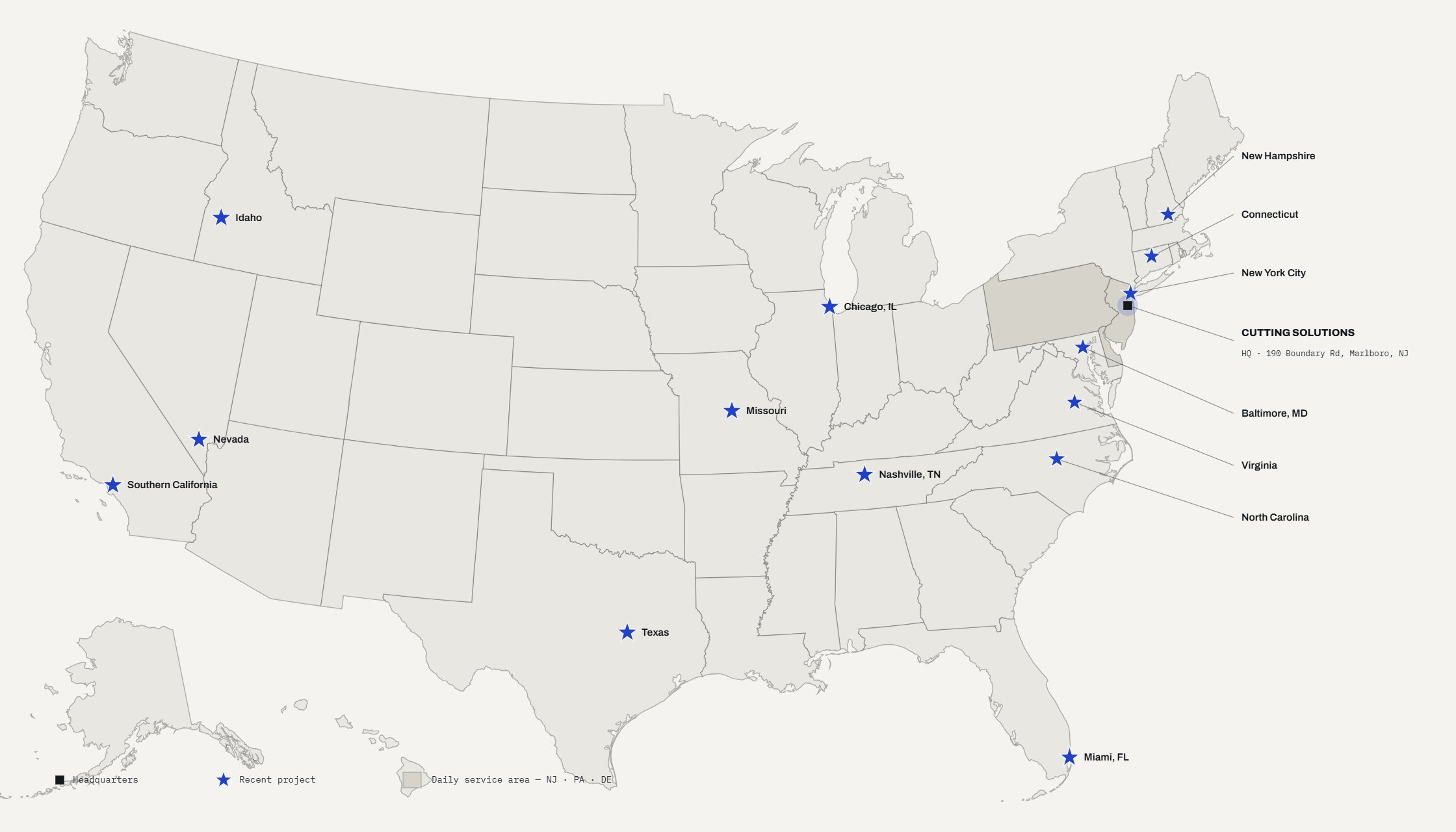 Map of Cutting Solutions projects across the United States, headquartered in Marlboro, New Jersey