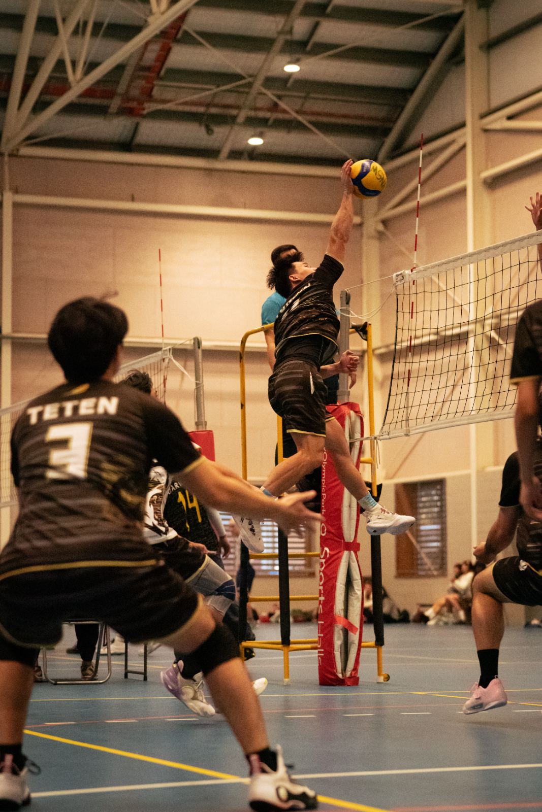 A league player hitting above the net
