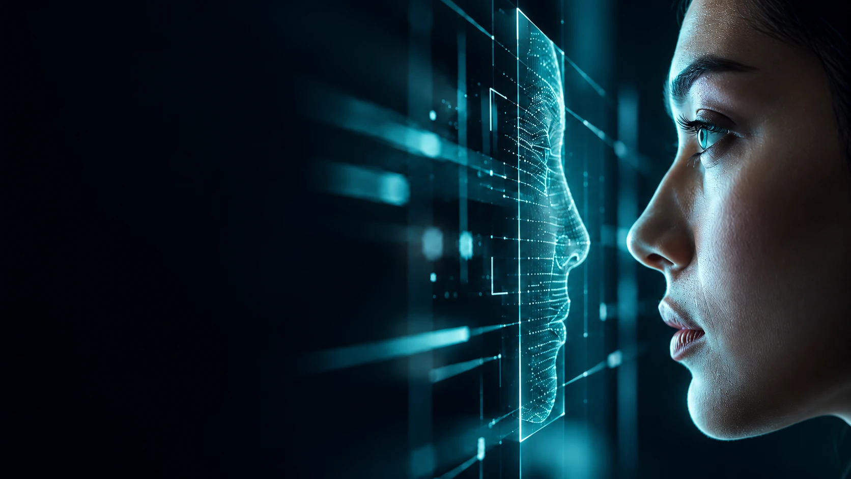 Woman's face being scanned by a digital identity verification overlay