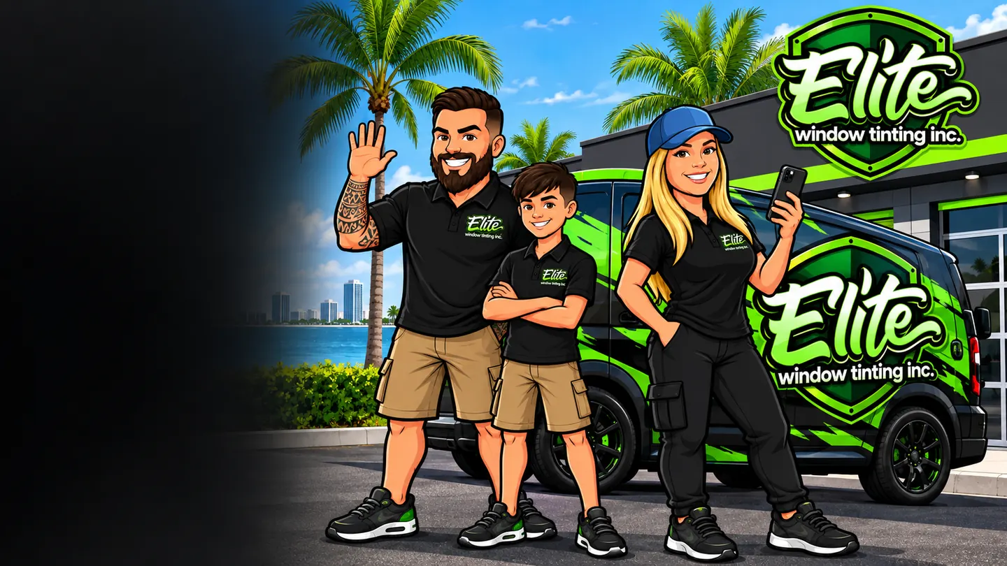 Illustration: the Elite crew waving beside the Elite van