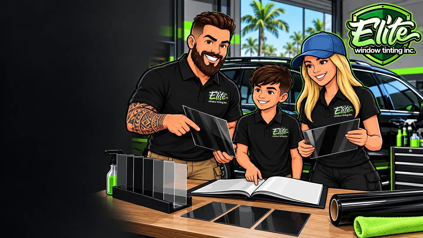Illustration: the Elite crew reading a tint guide