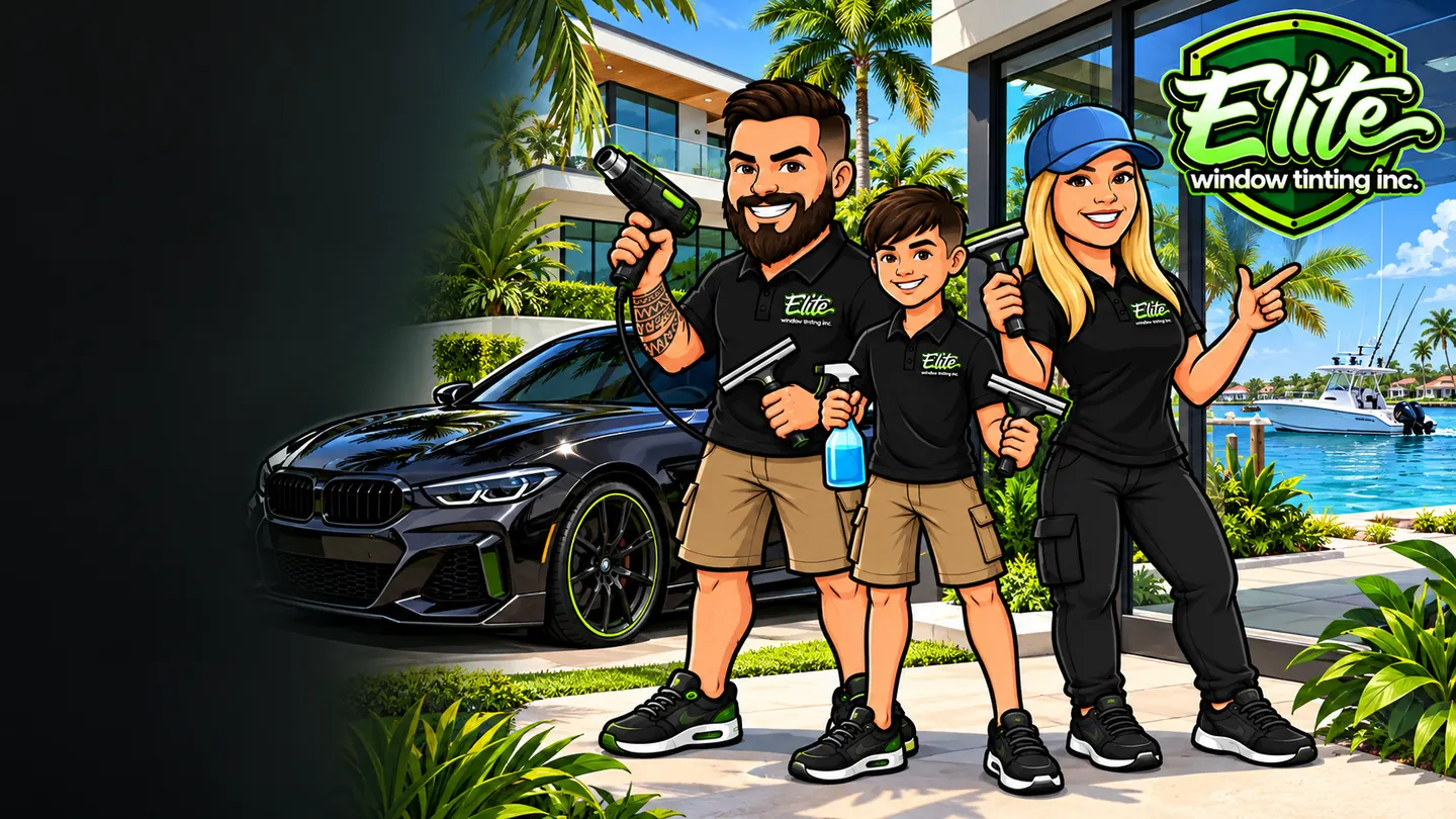 Illustration: the Elite crew with tint tools and a sports car