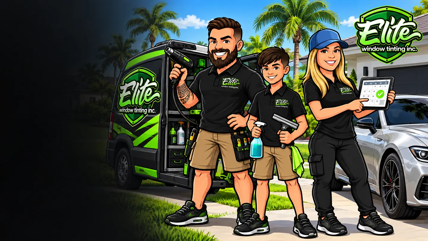 Illustration: the Elite crew beside the mobile install van