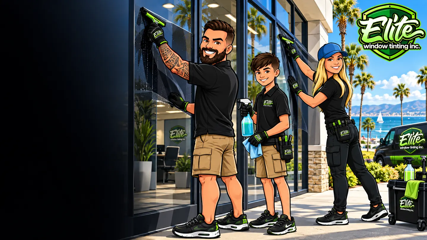 Illustration: the Elite crew doing commercial window tinting on a storefront