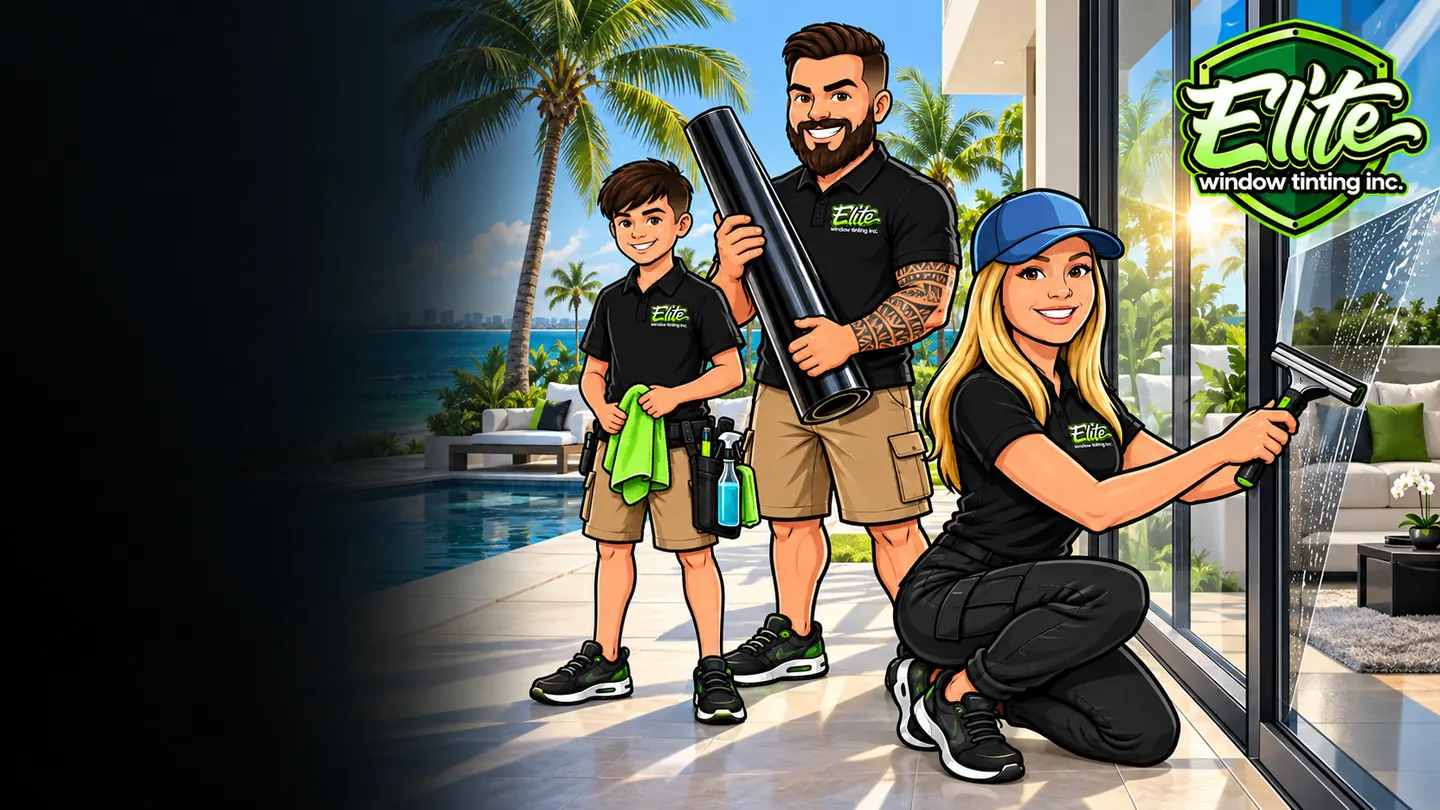 Illustration: the Elite crew installing residential window tint in a home