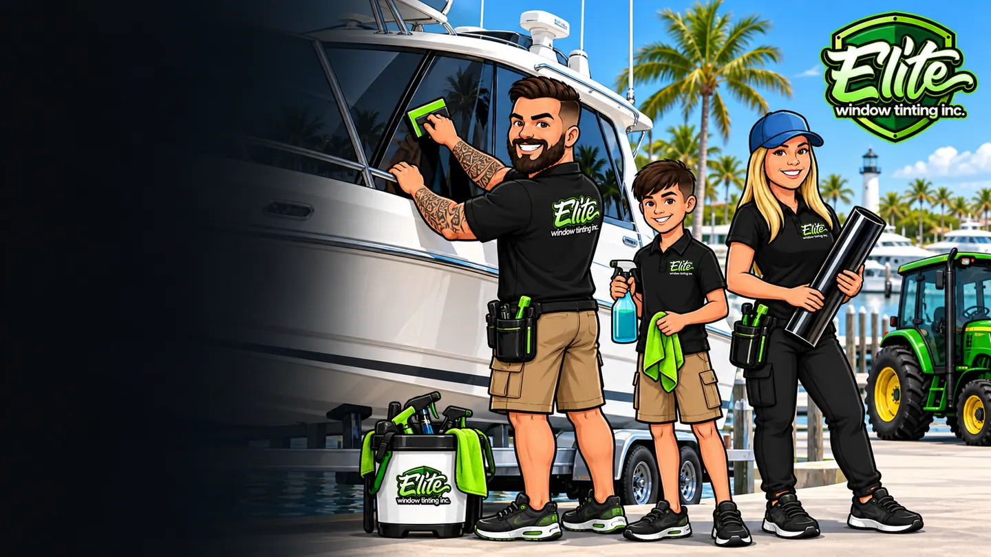 Illustration: the Elite crew tinting a boat and a tractor cab