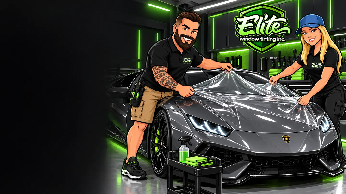 Illustration: the Elite crew applying paint protection film to a sports car