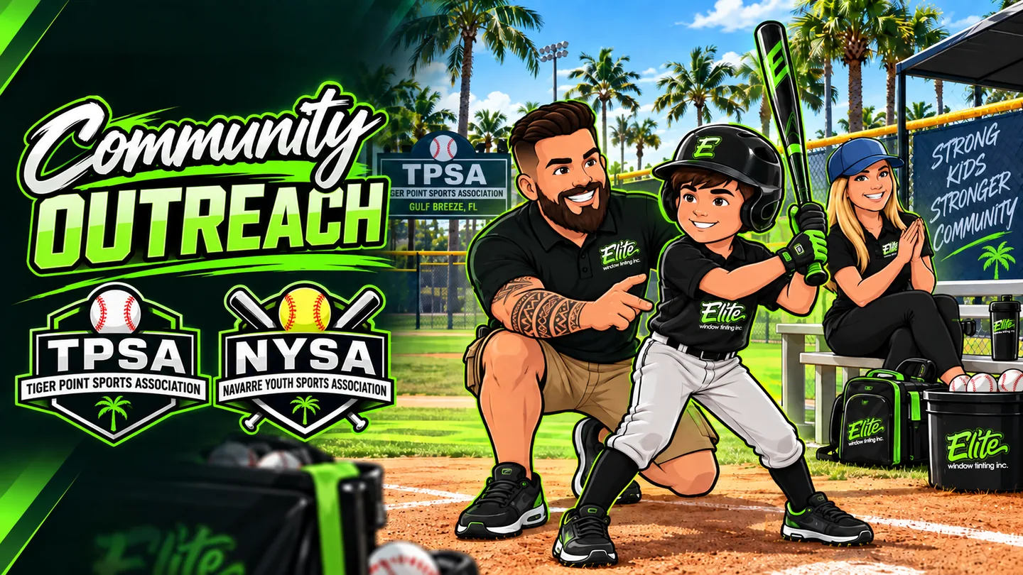 Elite Window Tinting community outreach artwork: a coach in an Elite polo coaching a young batter on a Gulf Breeze ball field, with TPSA and NYSA badges