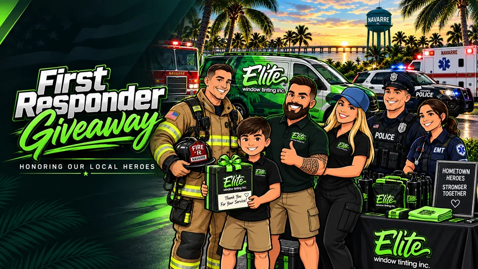 Elite Window Tinting first responder giveaway artwork: Navarre firefighters, police officers and an EMT with the Elite crew and a wrapped gift