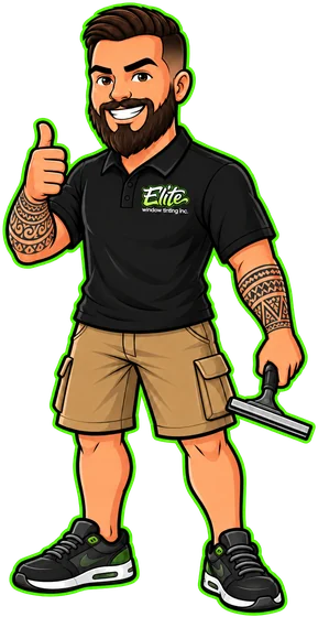 Elite Window Tinting installer mascot holding a roll of film