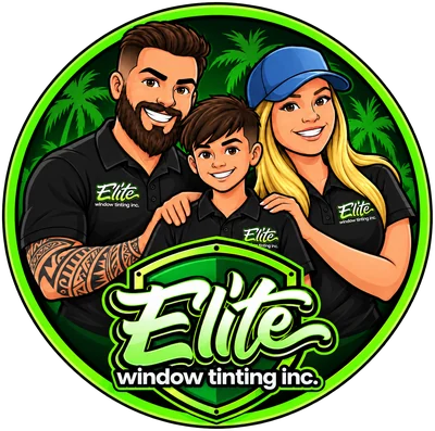 Elite Window Tinting Inc. badge: three cartoon installers in Elite polos behind the Elite shield