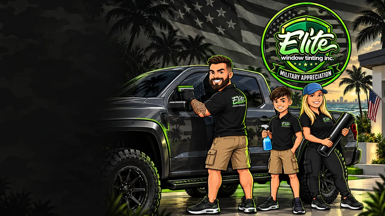Elite Window Tinting military appreciation artwork: three cartoon installers tinting a pickup under an American flag