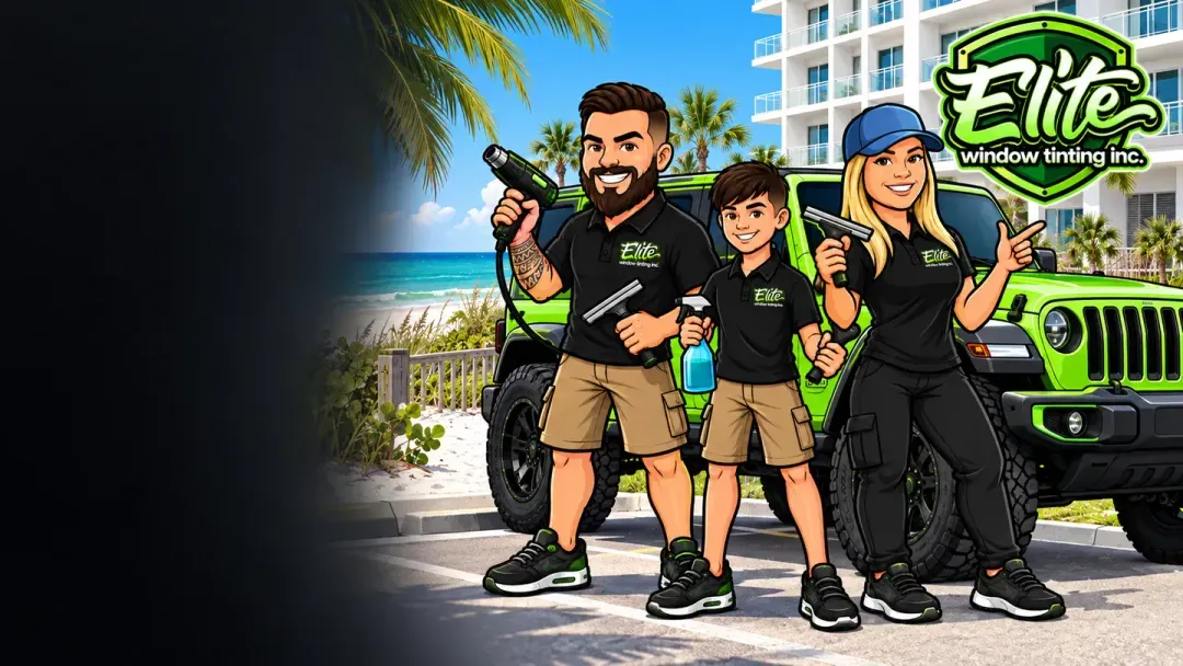 Illustration: the Elite crew doing mobile window tinting in Pensacola Beach, FL