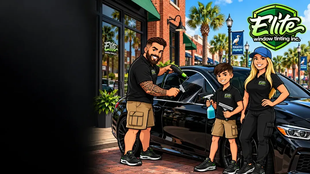 Illustration: the Elite crew doing mobile window tinting in Pensacola, FL