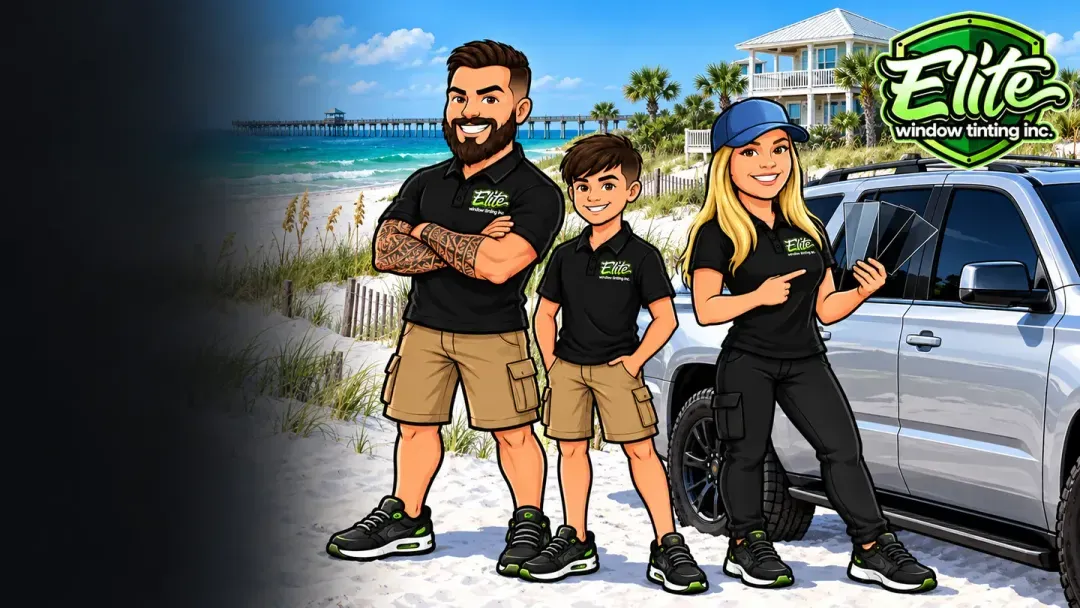 Illustration: the Elite crew doing mobile window tinting in Navarre Beach, FL