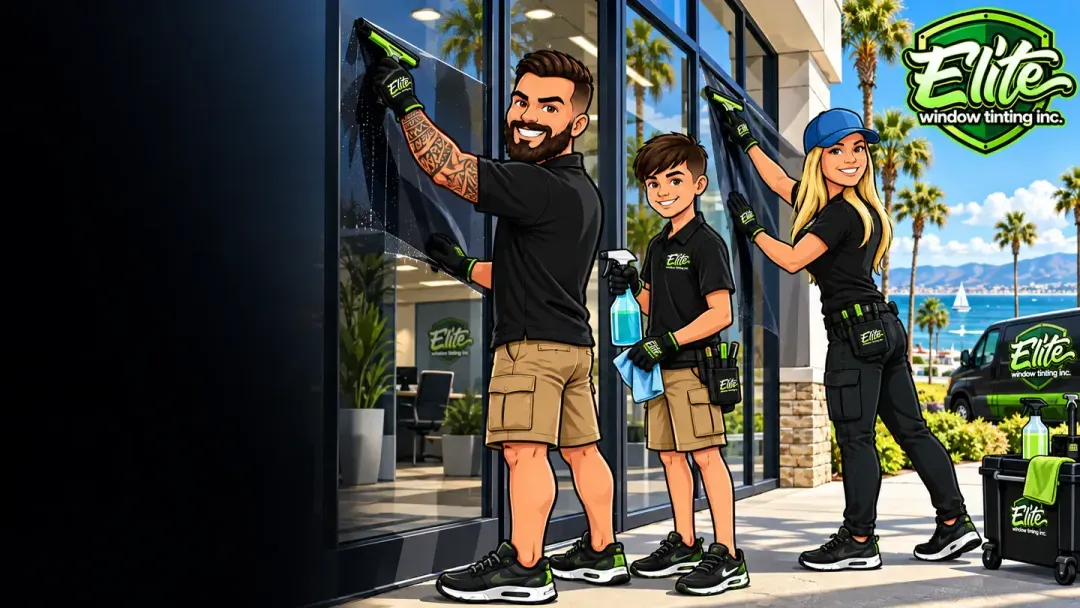 Illustration: the Elite crew doing commercial window tinting on a storefront