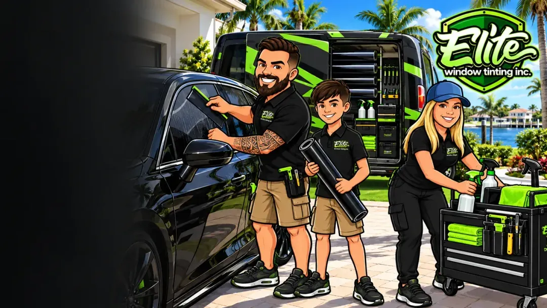 Illustration: the Elite mobile window tinting crew at a customer's home