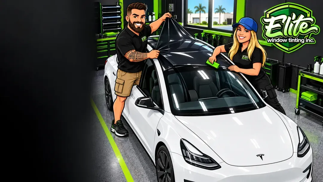 Illustration: the Elite crew tinting a white Tesla's glass roof