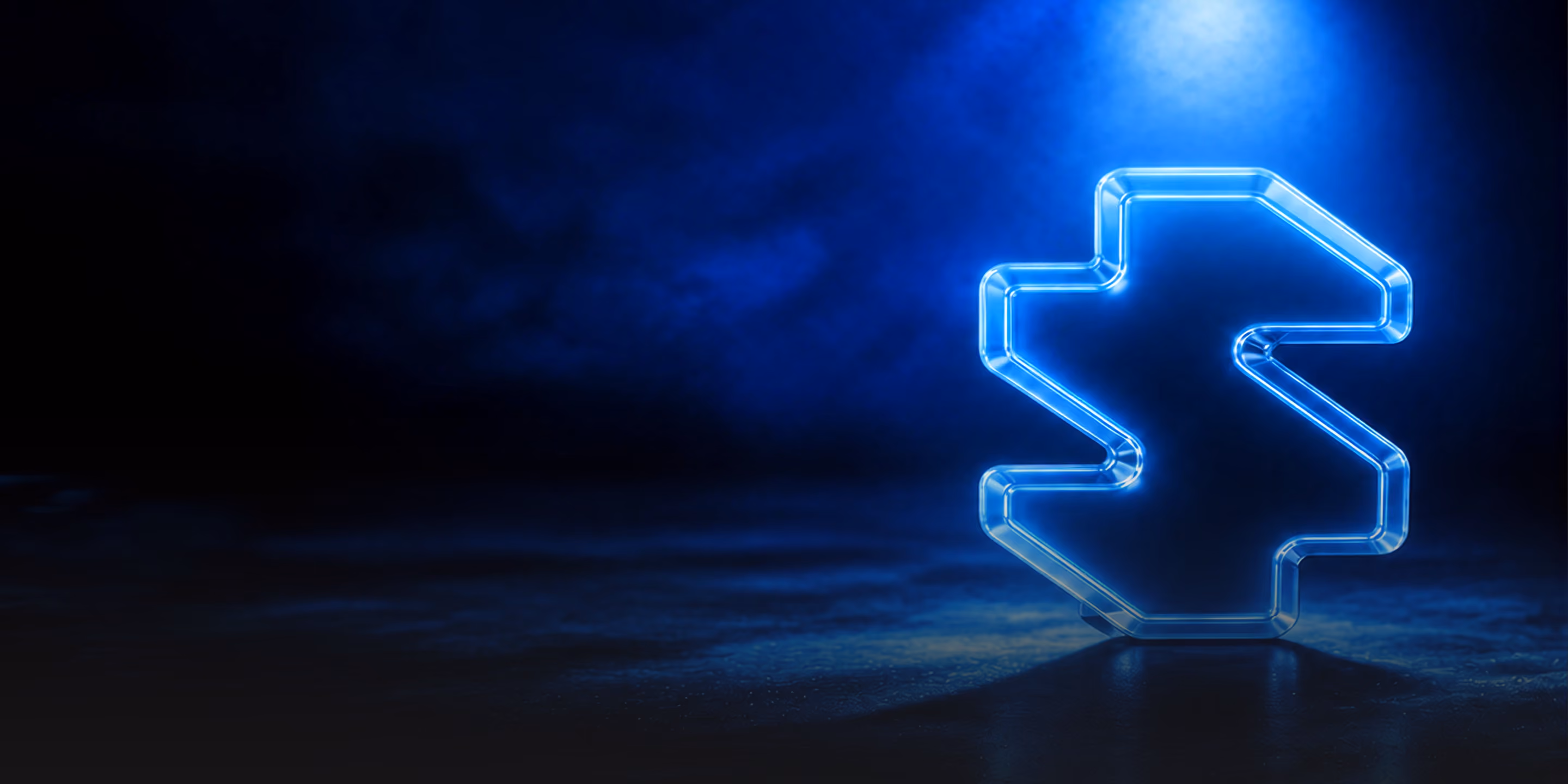 Transparent blue neon light shaped like a floating dollar sign on a dark blue and black smoky background with a spotlight shining from above.