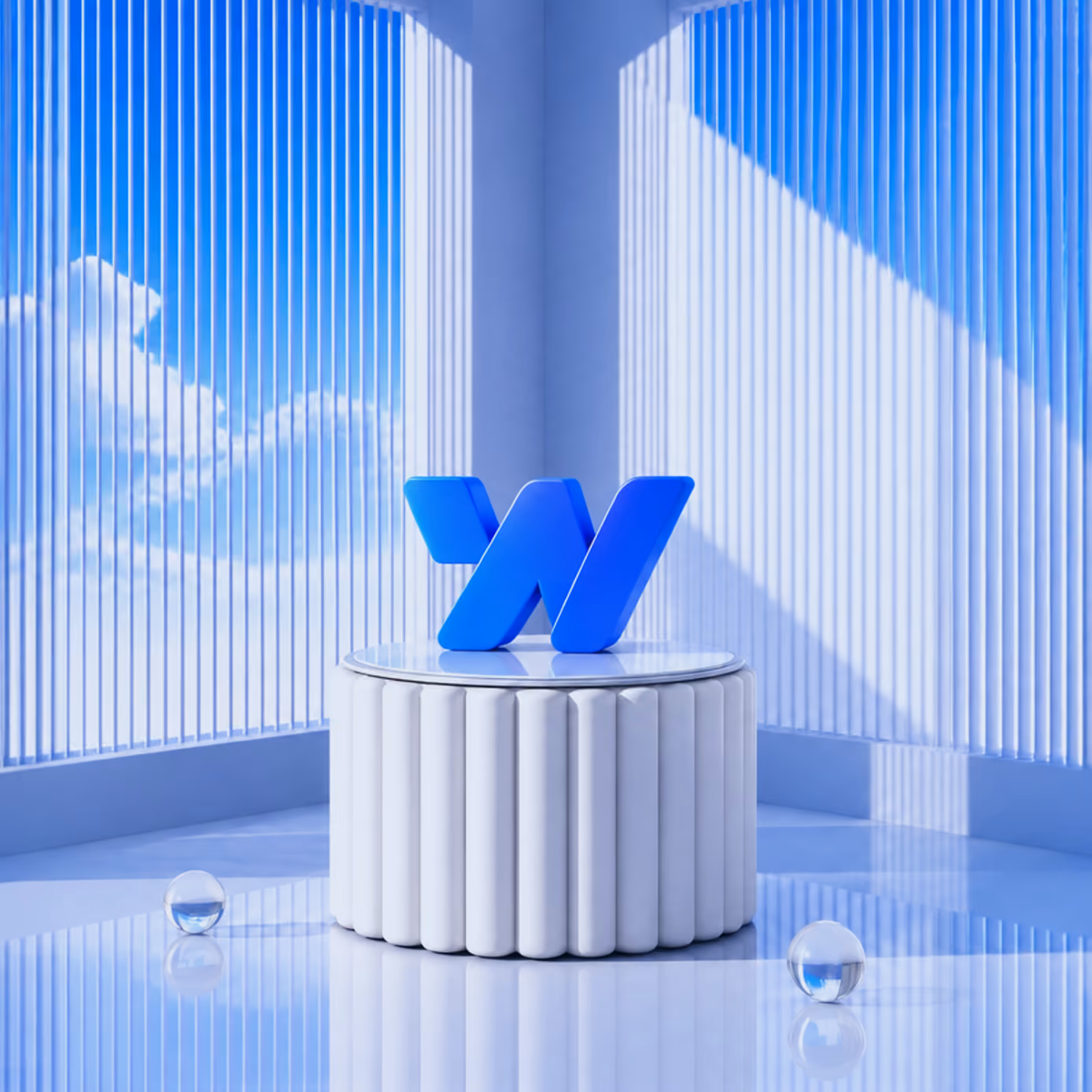 Webflow logo on a white pedestal in a bright blue 3D scene