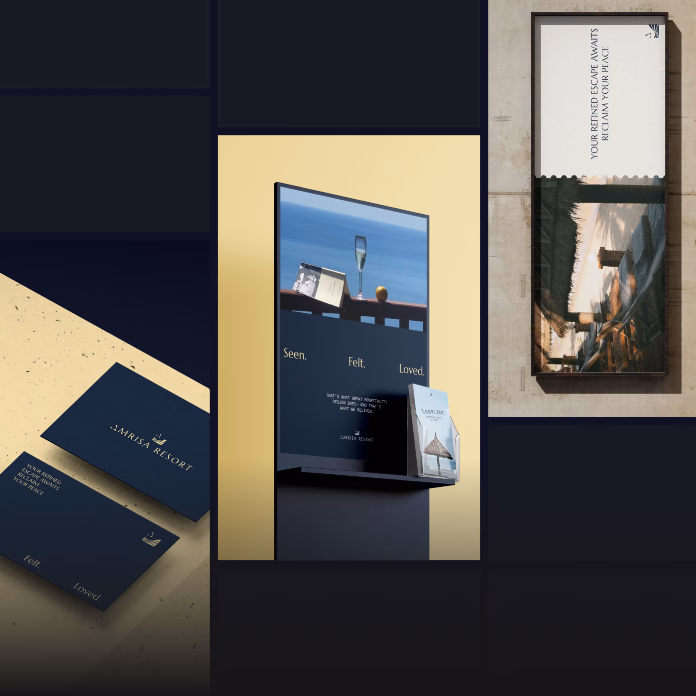 Brand identity mockups: business cards, a website on a tablet and a printed card on a dark background
