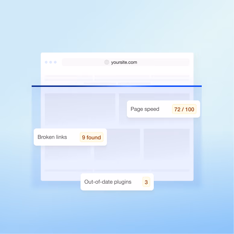 An illustration of a website audit dashboard on a blue gradient background, showing labels for page speed, broken links, and out-of-date plugins.