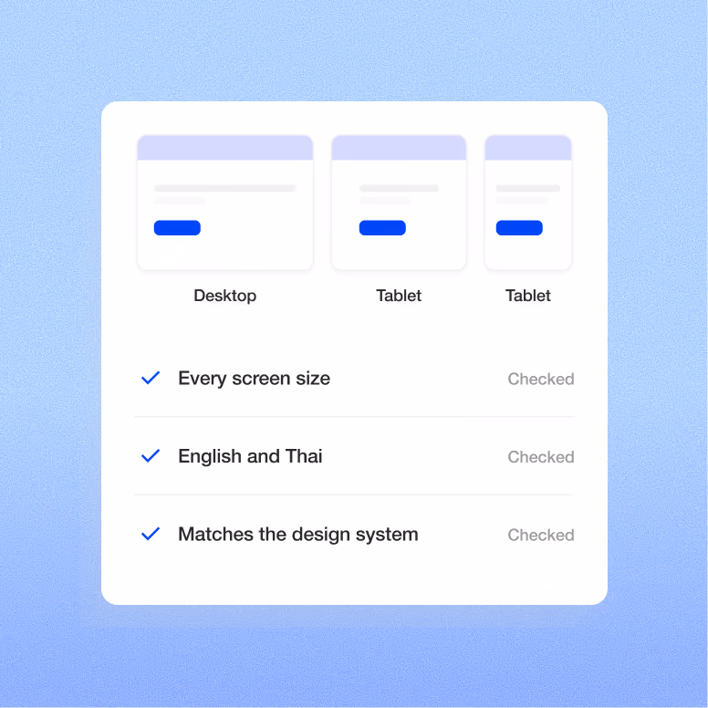 A white settings card on a blue gradient background shows three device preview tiles labeled Desktop and Tablet, with checkmarked rows for every screen size, English and Thai, and matches the design system.