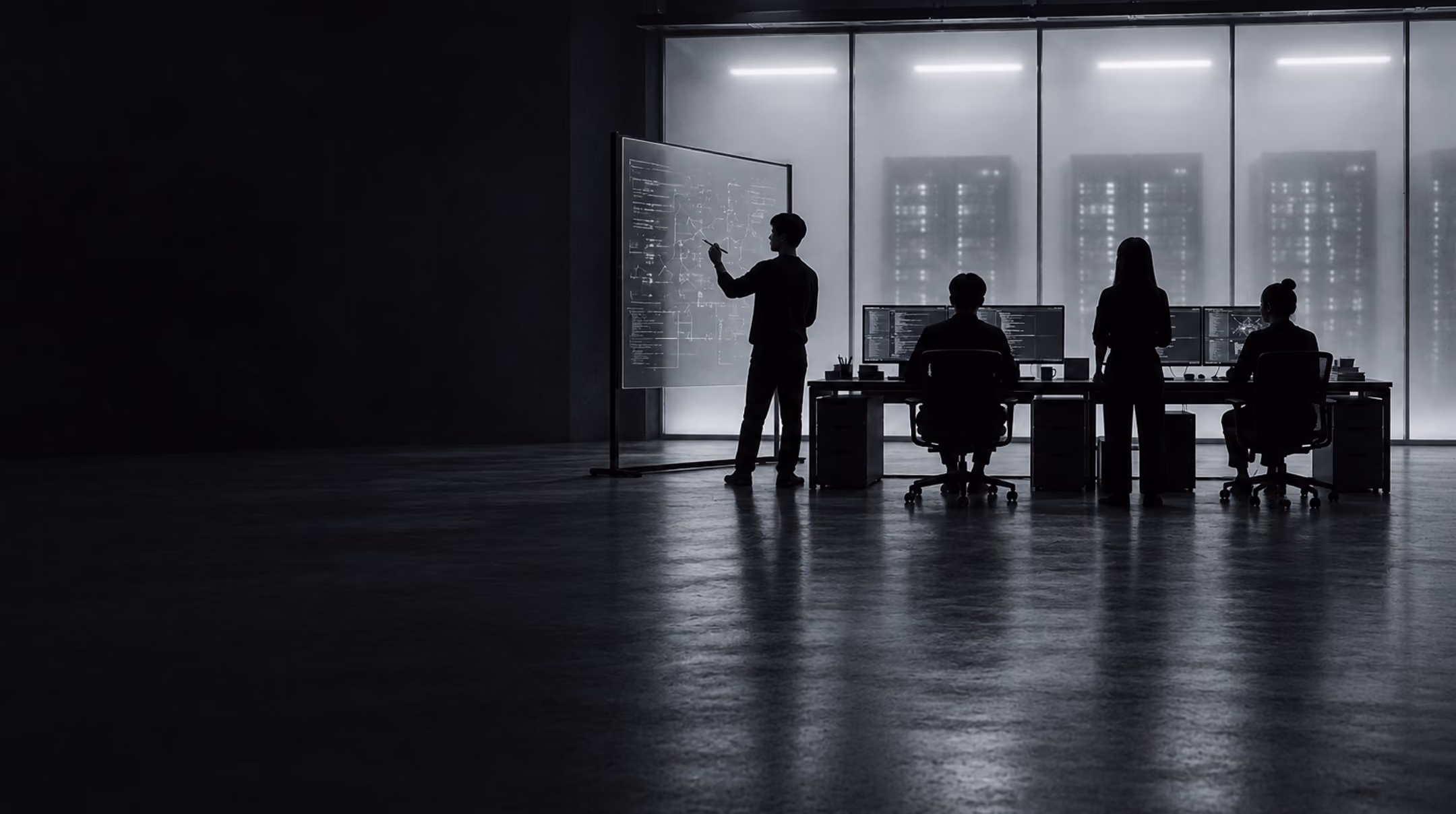 Four silhouetted people work at desks in a dark office, with one standing at a glass board in front of large windows and computer screens.