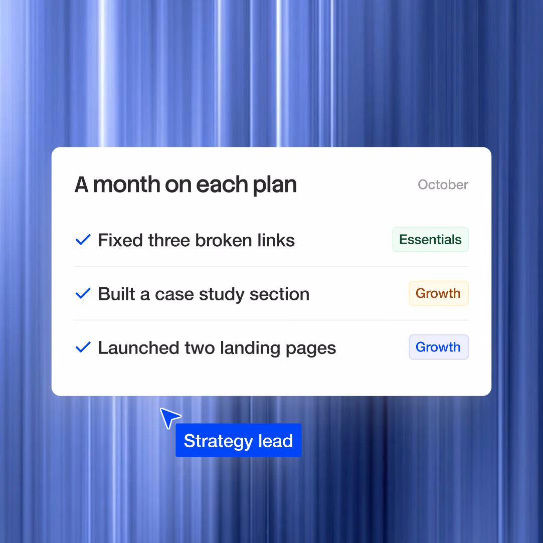 A white plan card on a blue streaked background lists October tasks with checkmarks, category tags, and a blue Strategy lead label below.
