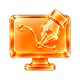 An orange outline icon of a computer monitor with a pen and document, shown on a black background.