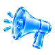 A blue megaphone icon on a black background with a subtle shadow.