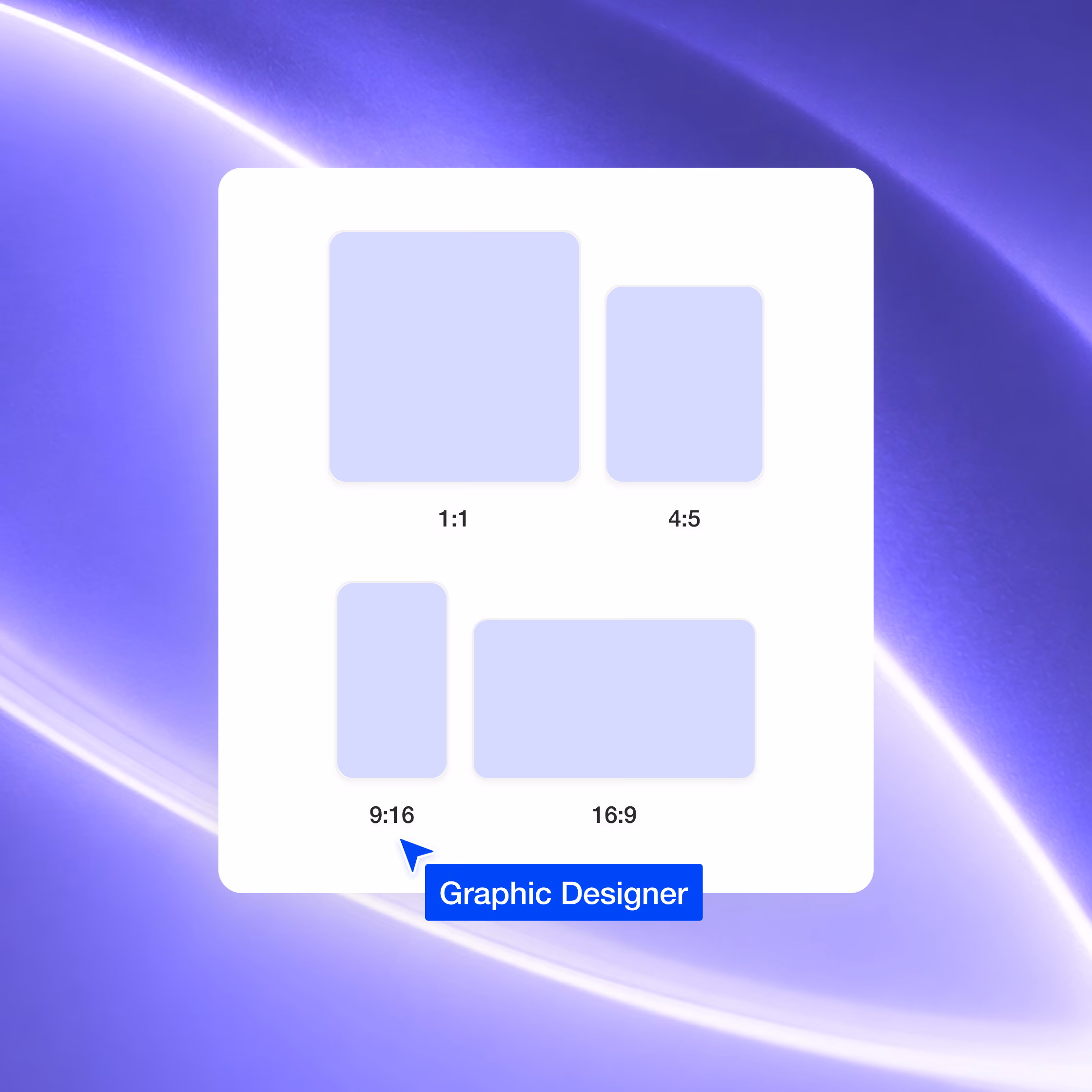 A graphic design interface shows four selectable aspect ratio tiles labeled 1:1, 4:5, 9:16, and 16:9 on a white panel against a purple gradient background.