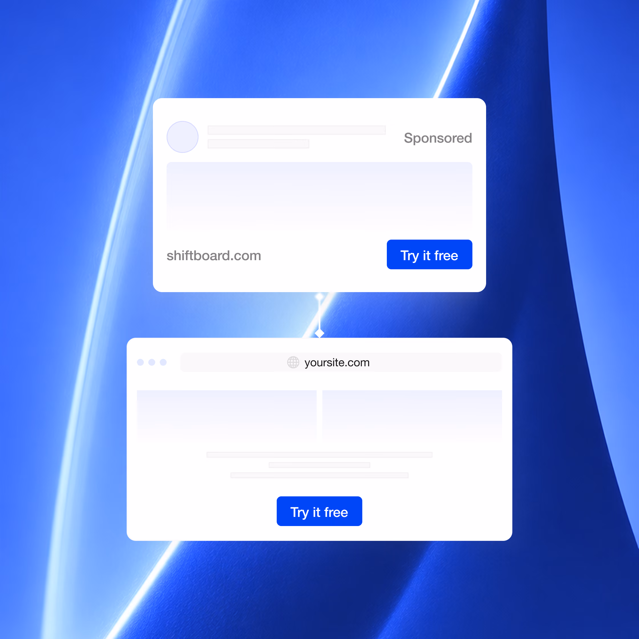 Two floating ad-style website cards on a blue abstract background with glowing light streaks, each showing a blue “Try it free” button.