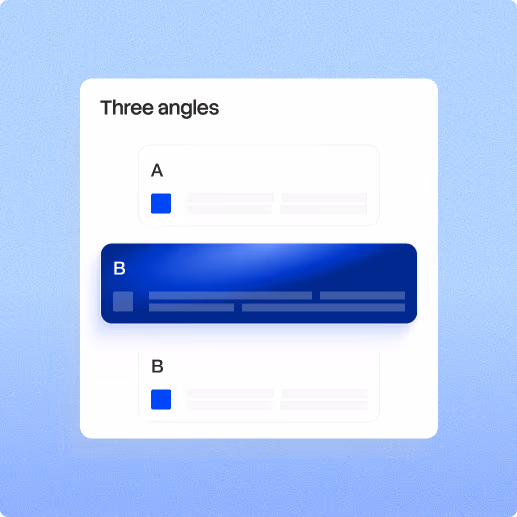 A white card titled “Three angles” shows three stacked interface mockups, with the middle dark blue panel highlighted against a blue gradient background.