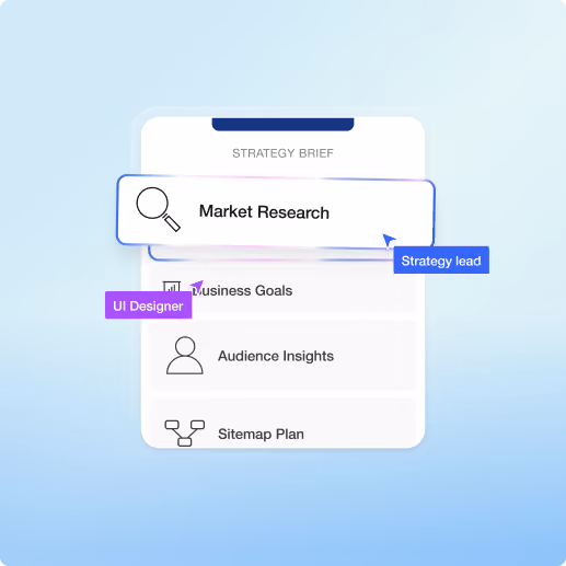 A strategy brief card with stacked list items, including Market Research, Business Goals, Audience Insights, and Sitemap Plan, on a light blue gradient background with UI Designer and Strategy lead labels.