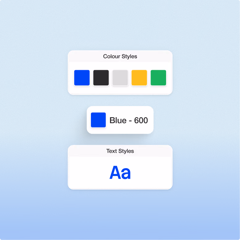 A style guide mockup on a blue gradient background shows a color palette with five swatches, a blue label reading "Blue - 600," and a text style card with "Aa."