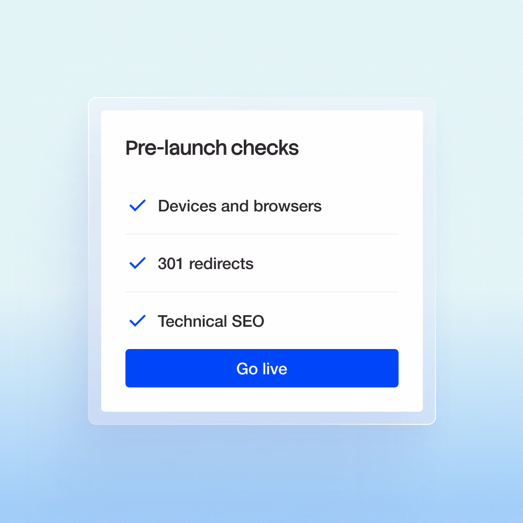 Pre-launch checklist covering devices and browsers, 301 redirects and technical SEO