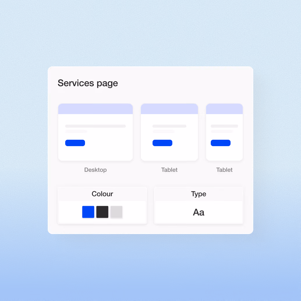 Services page design system with desktop and tablet layouts, colours and type